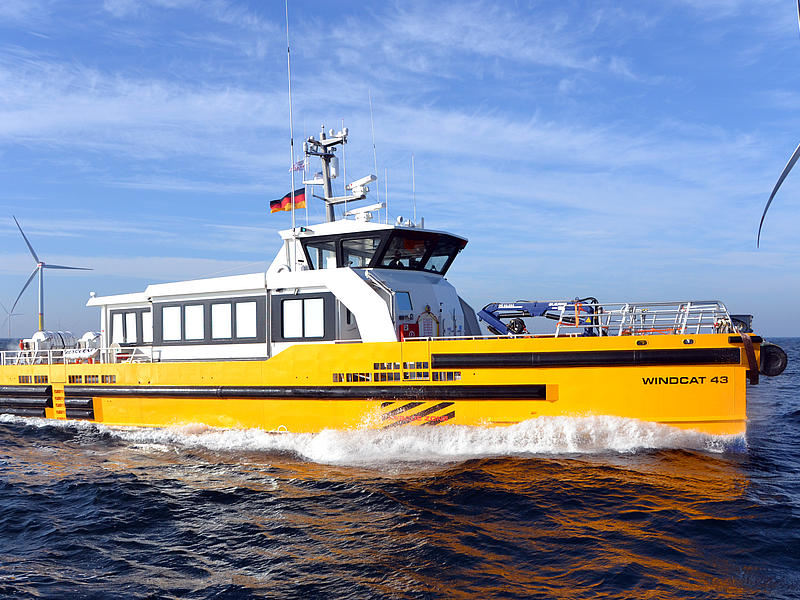 CTV Windcat 43 Crew transfer vessel Windcat 43 from starside in a wind farm.